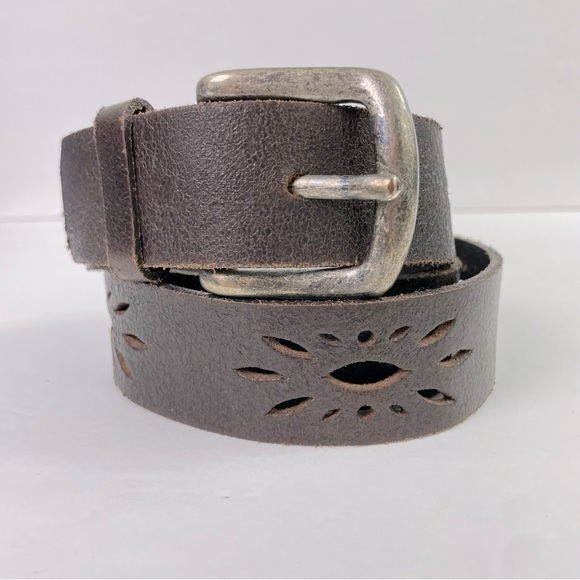 Accessories - Dark Brown Leather Belt Perforated‎ Starburst